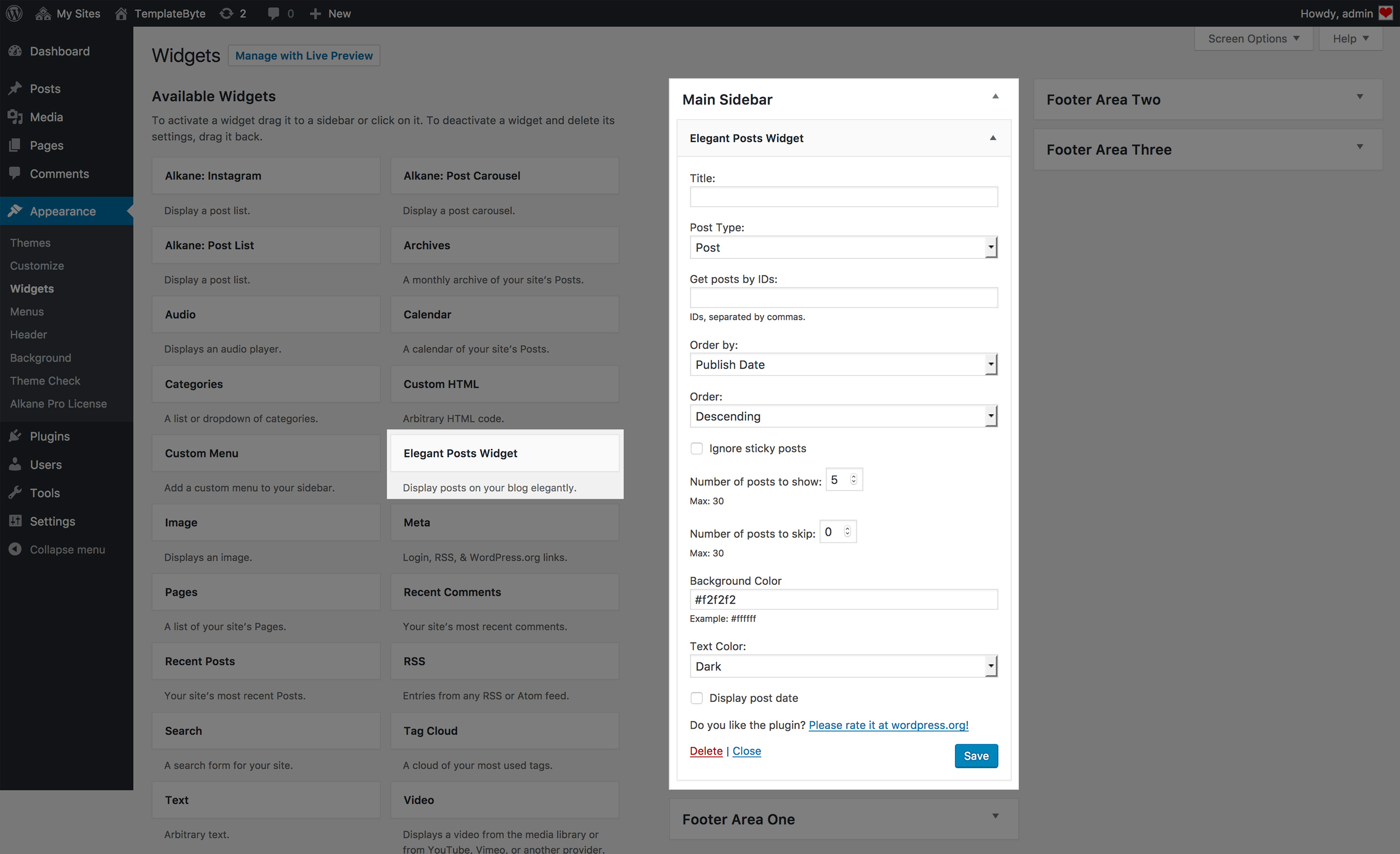 Elegant Posts Widget Admin Example: You can display posts in the sidebar by choosing your criteria like Post Type, Order by, Number of posts to show etc.