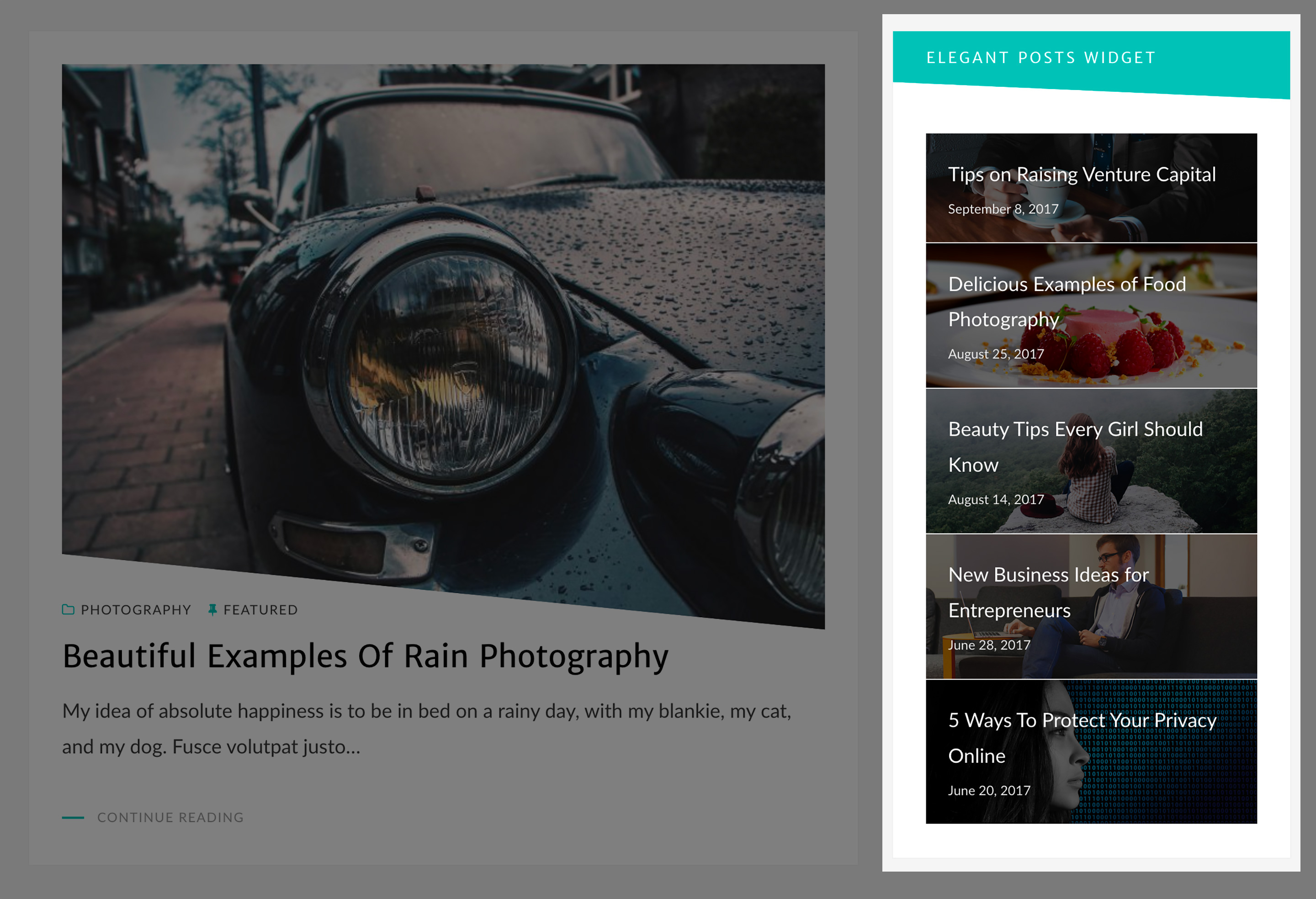 Elegant Posts Widget: You can display posts in the sidebar or any other widgetized area of your WordPress theme by placing Elegant Posts Widget.