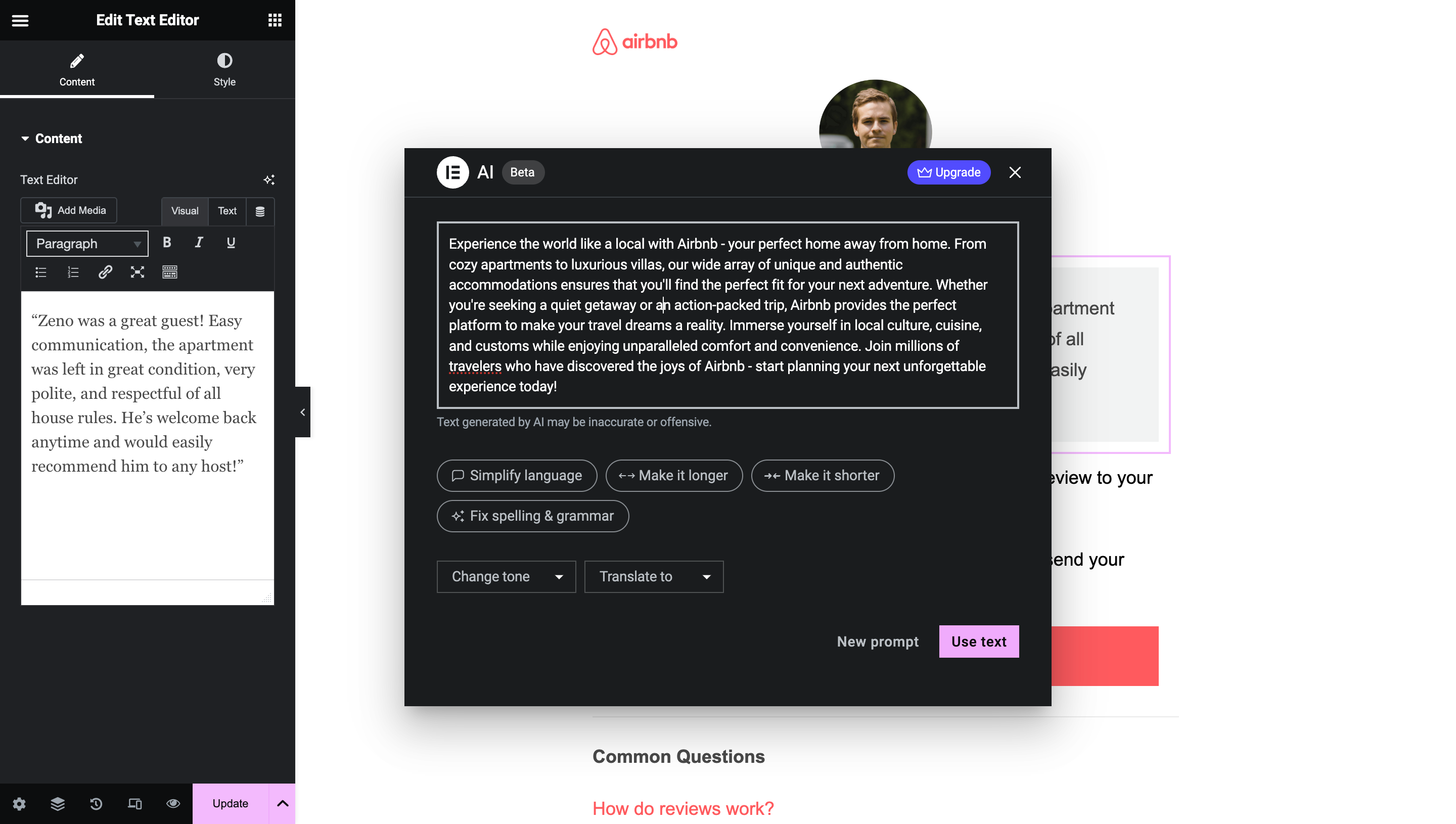 Use Elementor AI to generate content for Free*