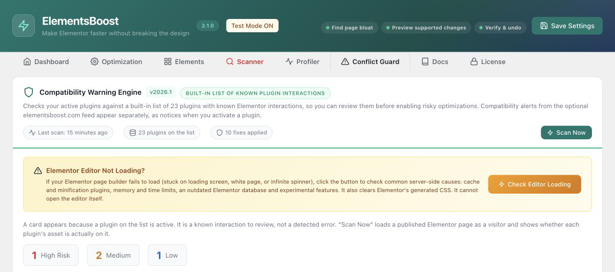 Conflict Guard in ElementsBoost 2.1.0 explains known plugin interactions and the scope of its editor-loading checks. Interface captured on an authorized test site.