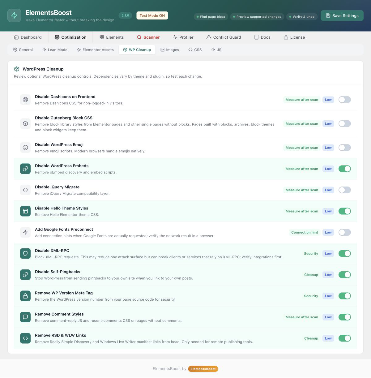 WordPress Cleanup in ElementsBoost 2.1.0 explains where block CSS can be removed and where it is retained. Interface captured on an authorized test site.