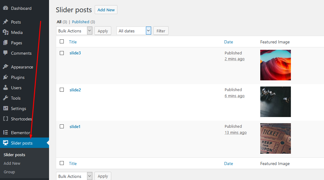 1. create **Slider posts** in left dashboard menu. One 'Slider post' represents one slide in the slider.