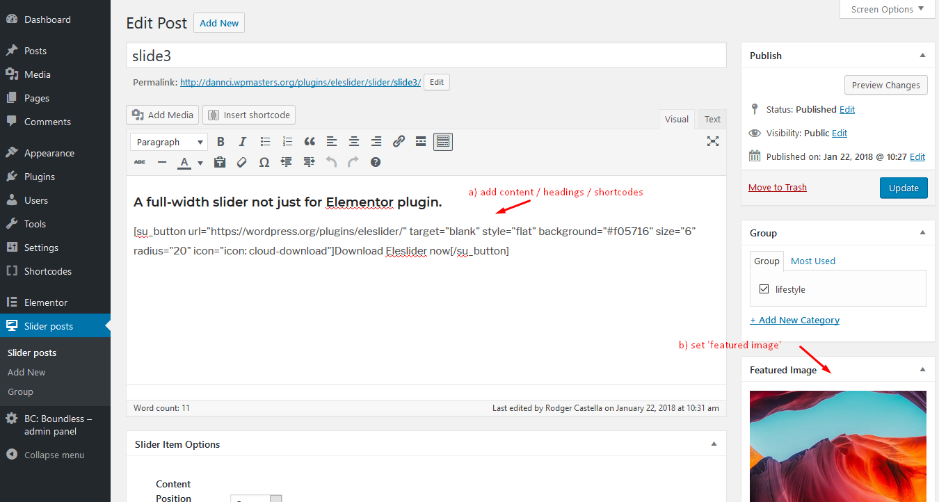 2. set featured image for every slider post, add slide content (titles/text).