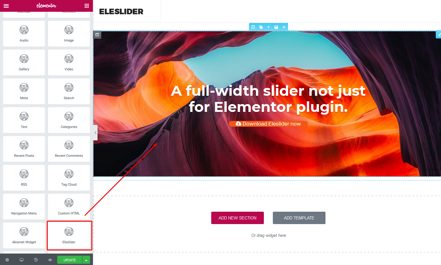 3. display slider posts as a slider: In Elementor page builder add 'Eleslider' block into full-width section (note: in Elementor edit mode is sliding disabled, only first slide is visible).