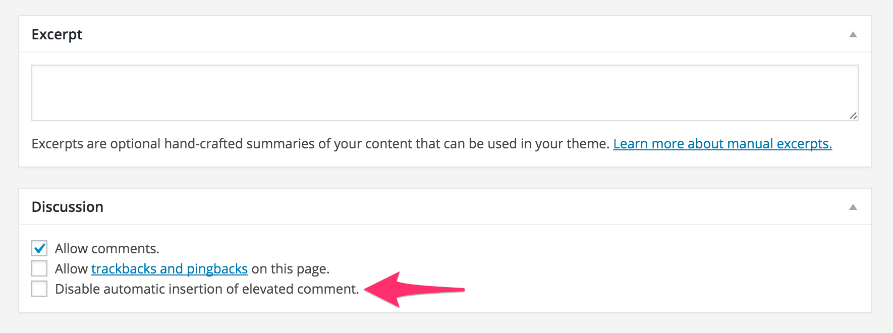 A checkbox on the Discussion Settings metabox allows you to enable or disable elevated comments per post