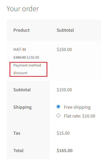 Discount method is displayed on the checkout page.