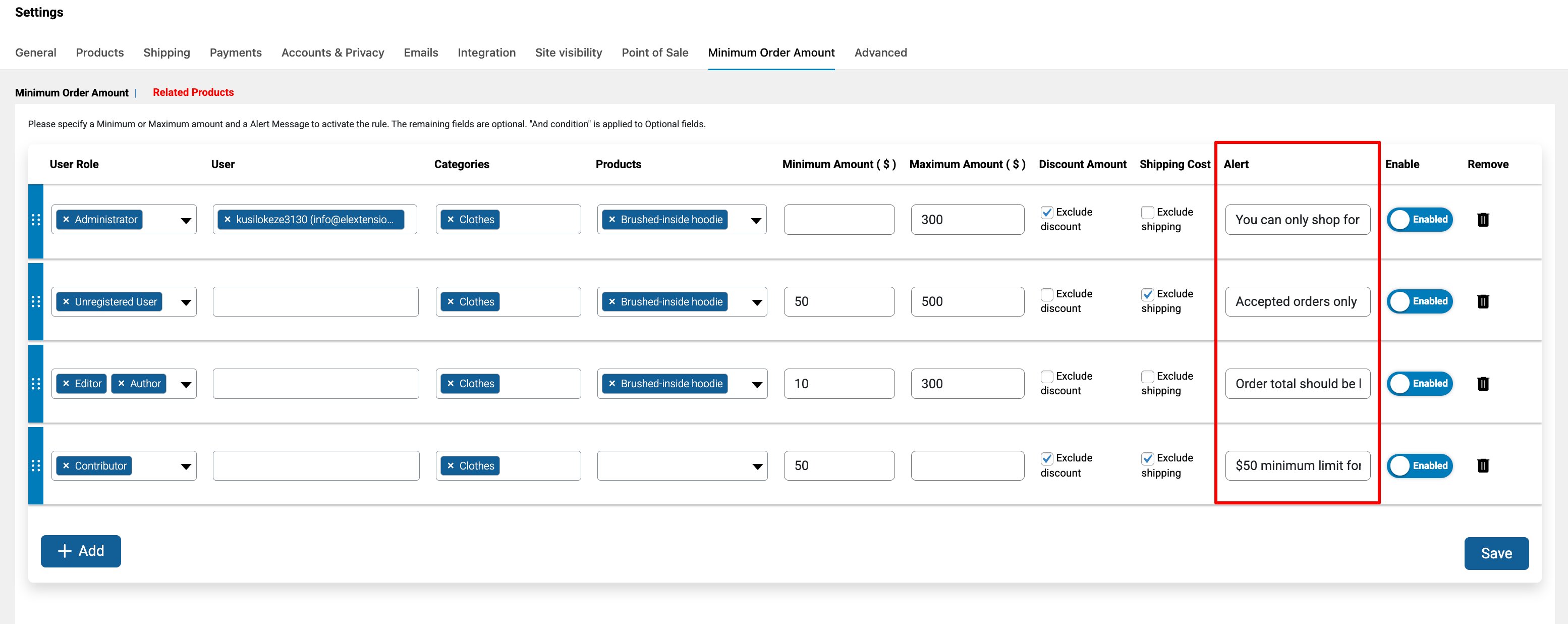 Minimum and Maximum Subtotal Amount.