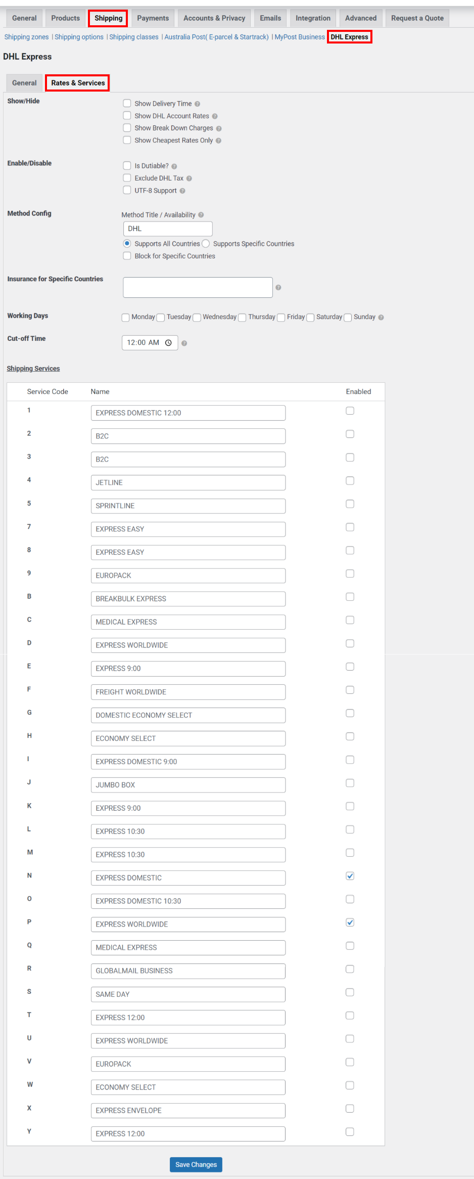 Rates & Services Settings.