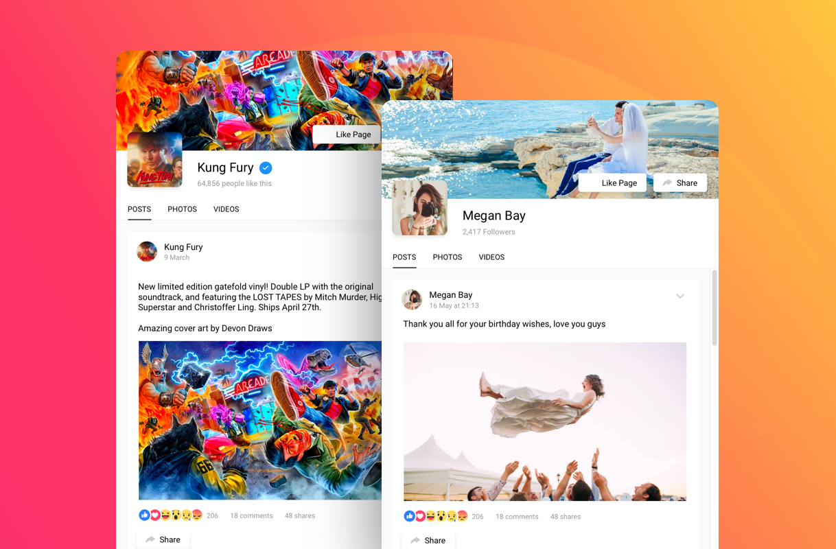 Display Facebook content (posts, photos, videos, events) and let your visitors share it without leaving your website. Configure the feed's header to provide an extra call-to-action.