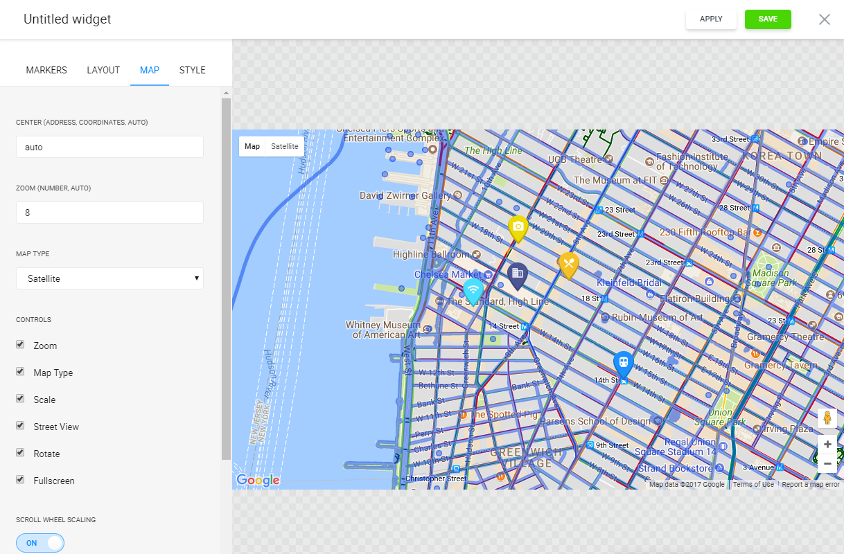 A rich choice of map settings to display all you need: sizes, controls, map layers, as well as map center, zoom and type.