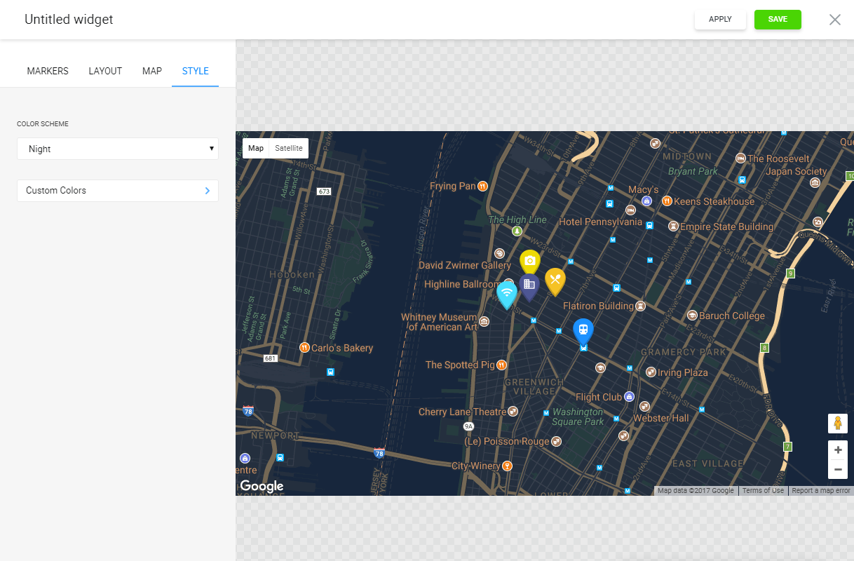 4 predefined color schemes and custom colors to style your map.