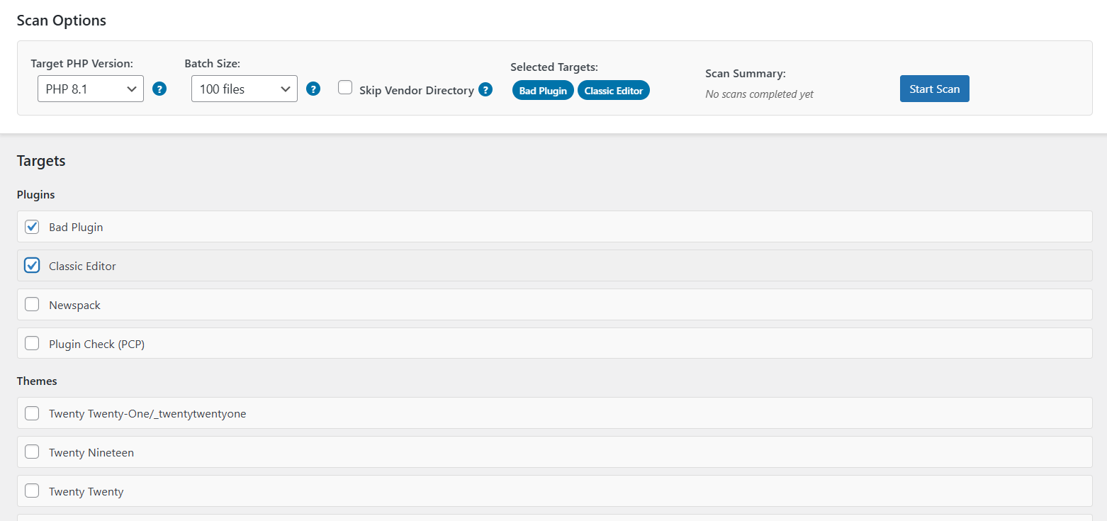 Configuration panel with scan options and available plugins/themes selection