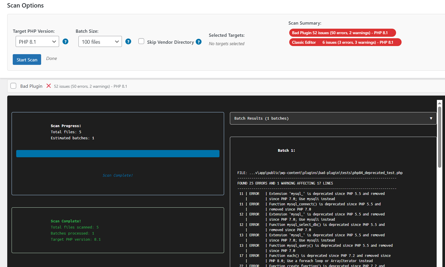Scan results showing detected PHP compatibility errors in selected plugins