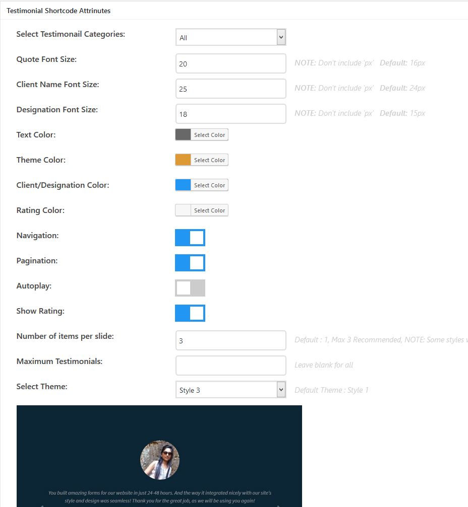 Testimonial Shortcode Setting
