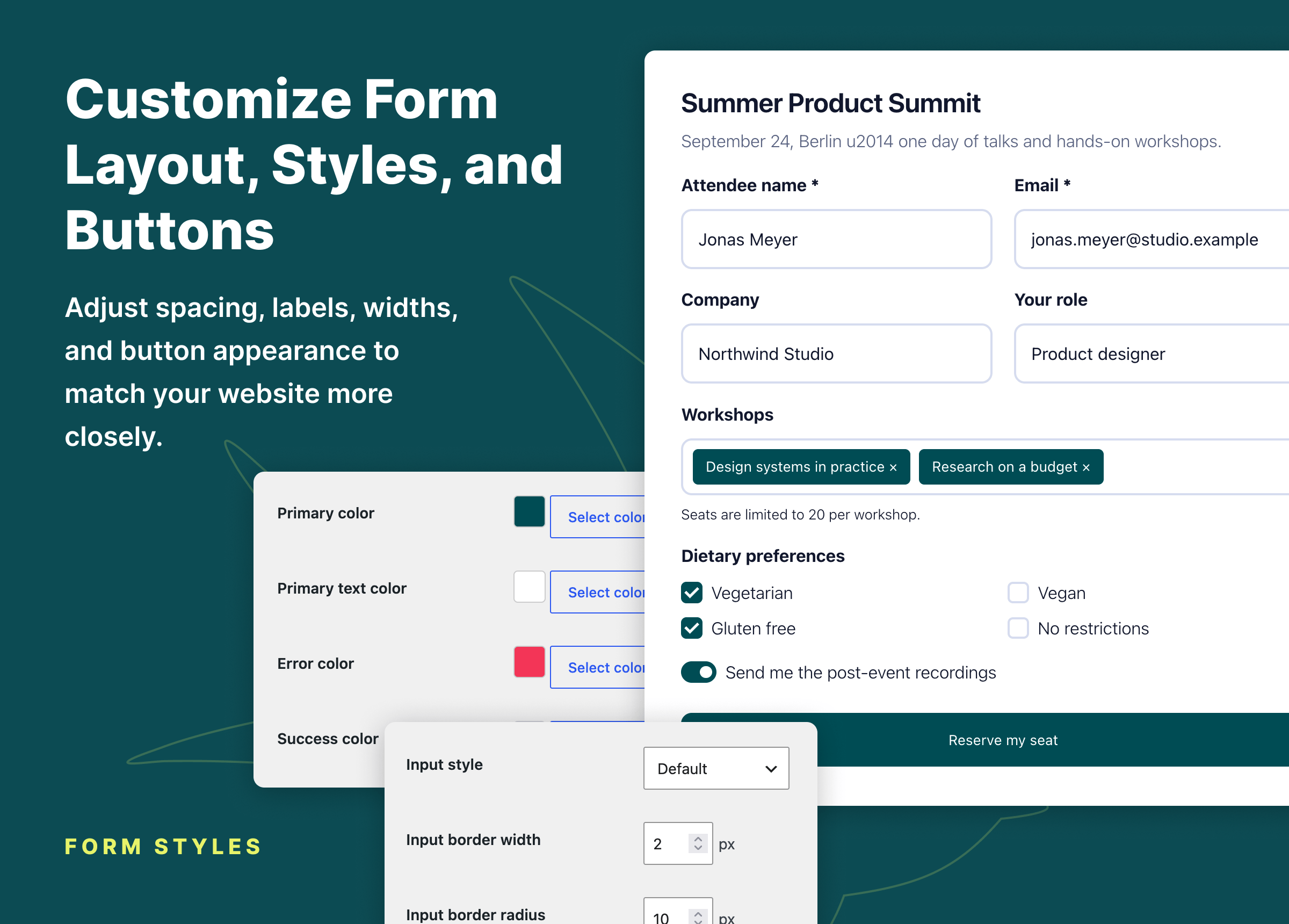 Form style settings for colors, input appearance, borders, typography, and other visual options.