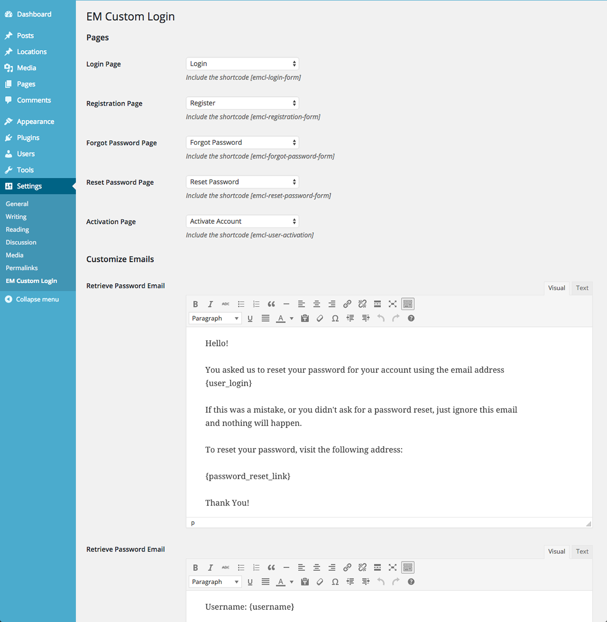 The (admin) settings panel.