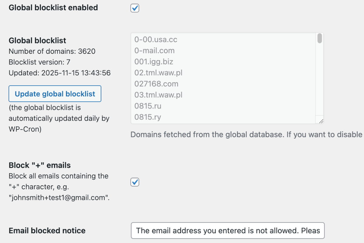 Settings to manage global blocklist and other options