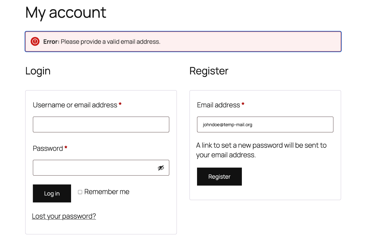 Message shown when a disallowed email address is entered during WooCommerce registration