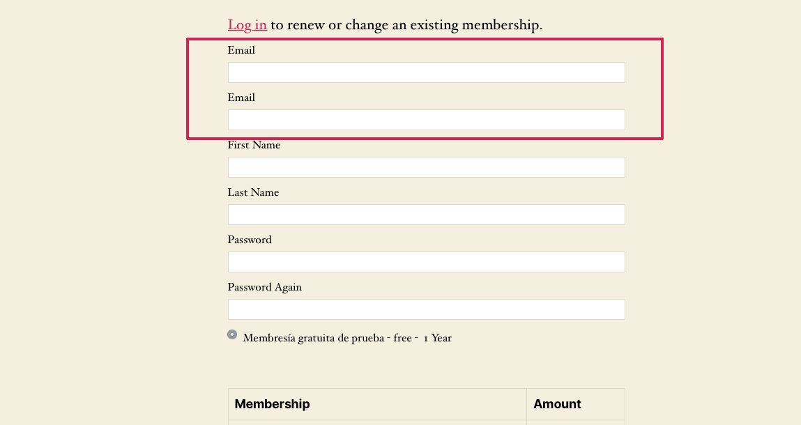 Registration form with plugin activated