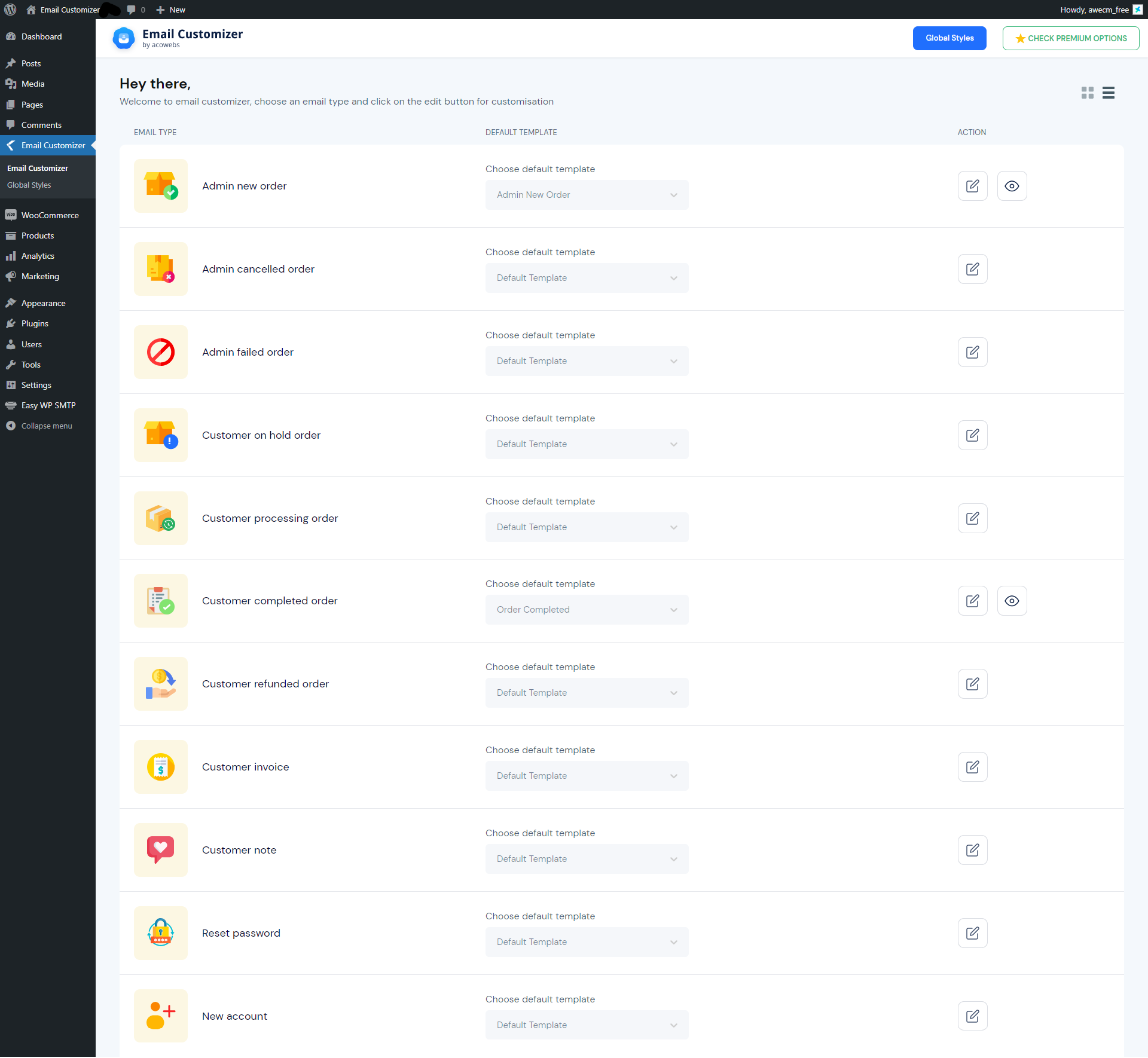 Email Mapping Settings Grid View