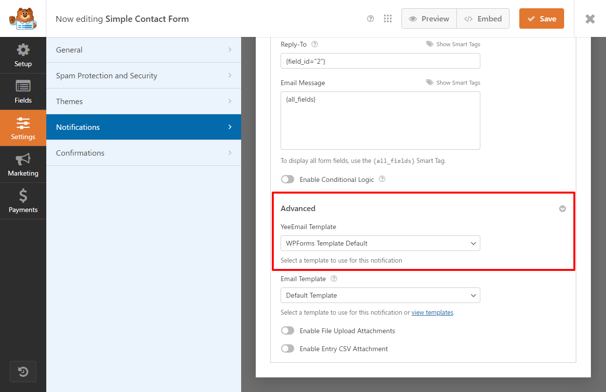 Elementor Forms email template settings