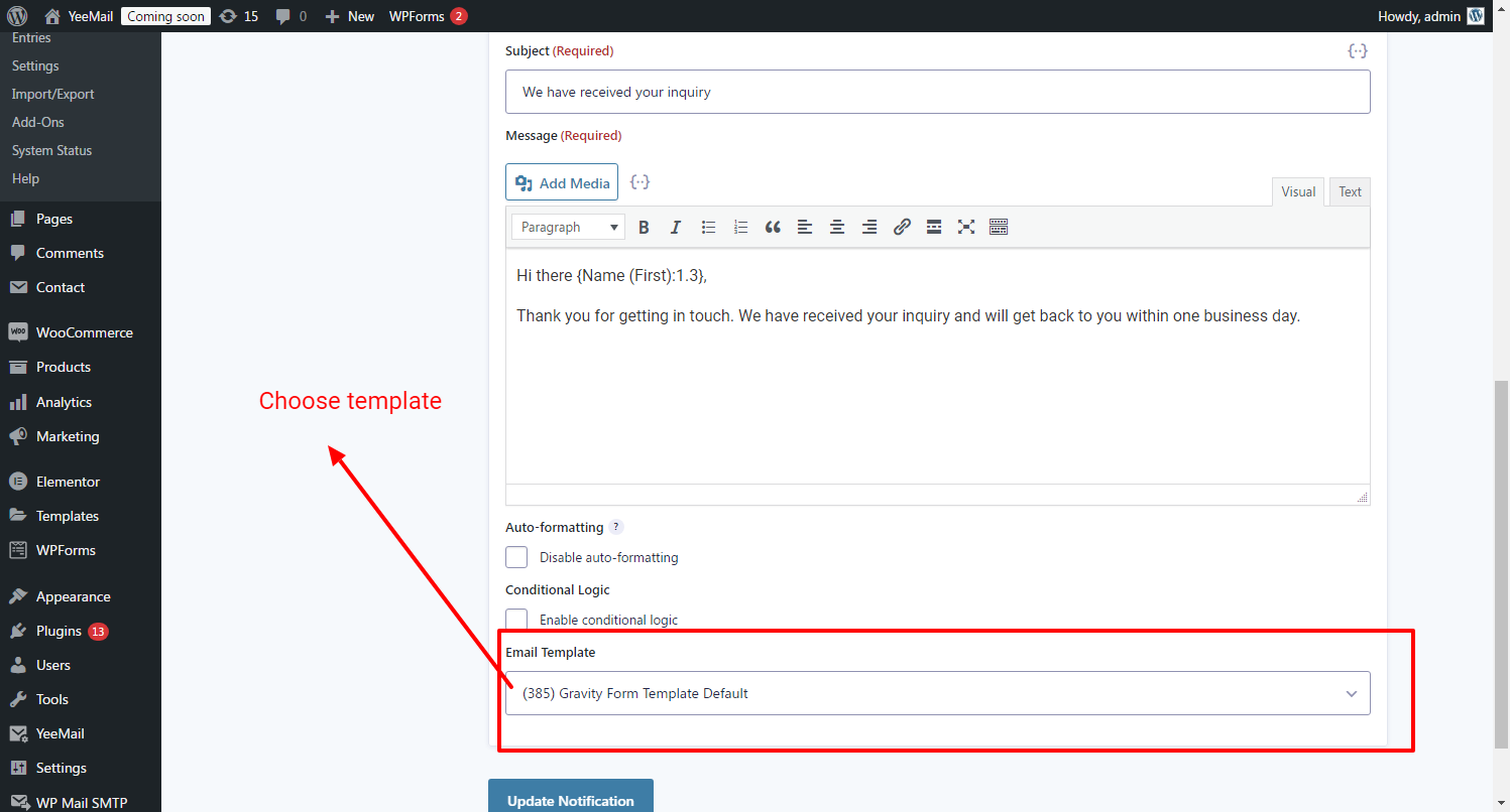 Gravity Forms email template settings