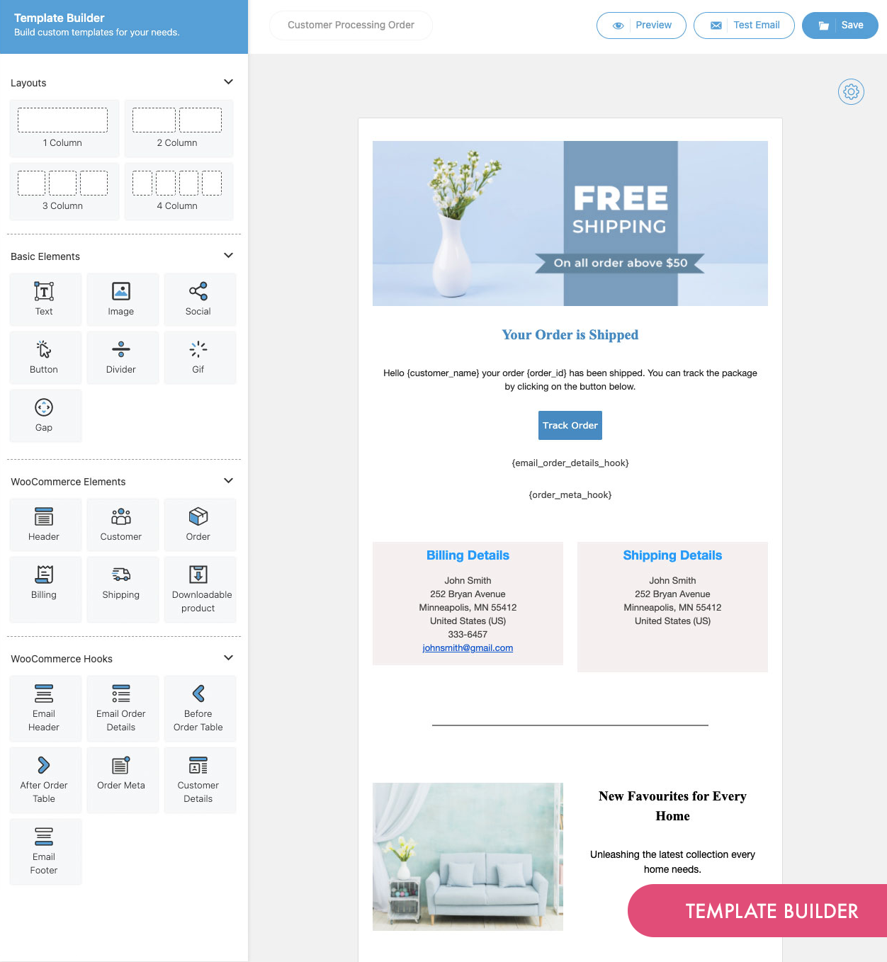 Provide an order Id and choose an email to preview