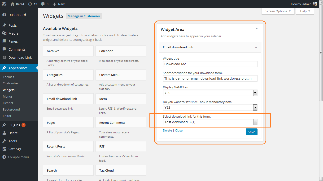 Admin 5 - Admin widget settings page