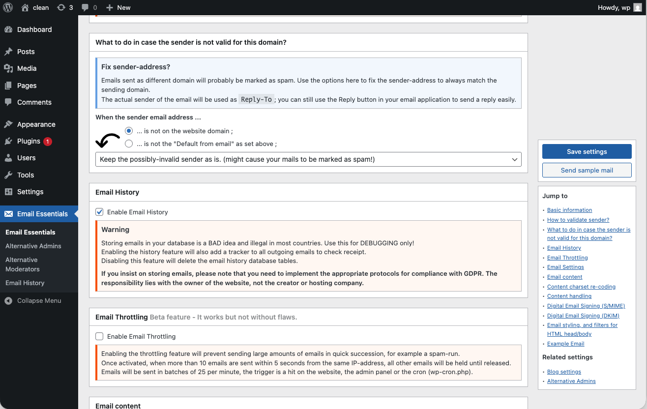 Email Essentials settings page 2/4.