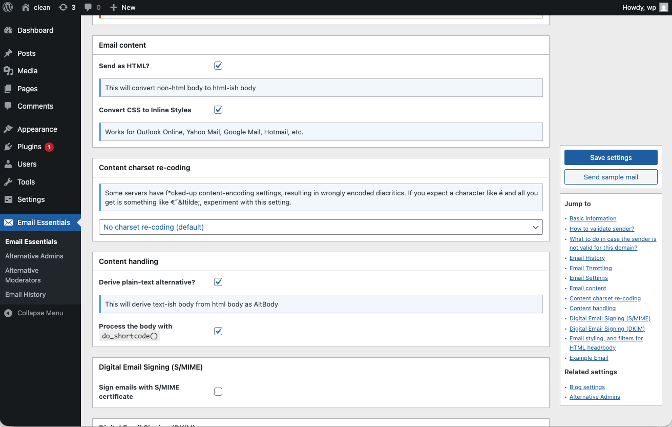 Email Essentials settings page 3/4.
