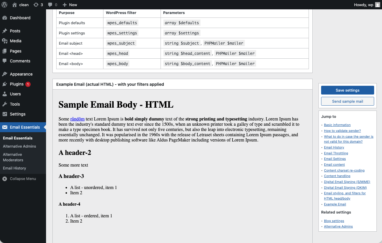 Email Essentials settings page 4/4.