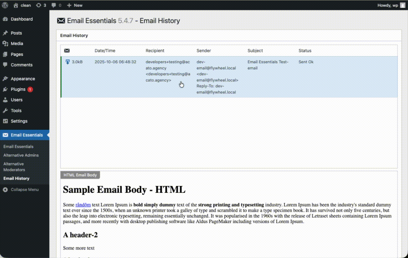Email History detail views.
