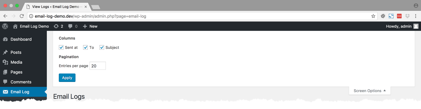 This screenshot shows how you can configure the email display screen. You can choose the fields and the number of emails per page