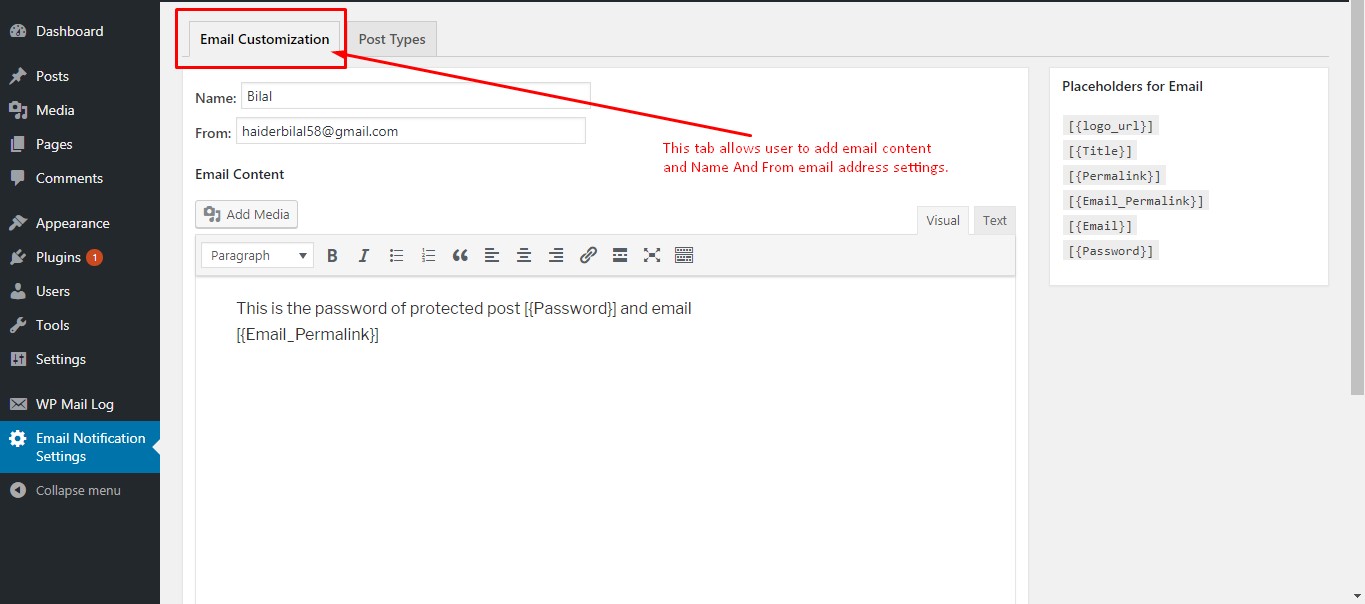 Customizing email template using the Email Customization tab.