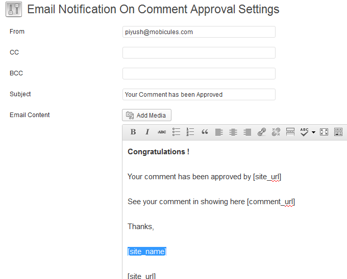 Edite your email content or add CC BCC form here.