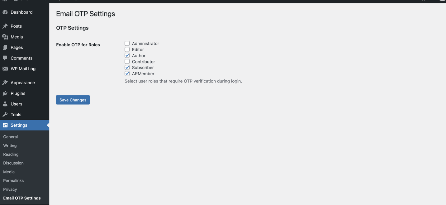 Role-based OTP settings page in WordPress admin.