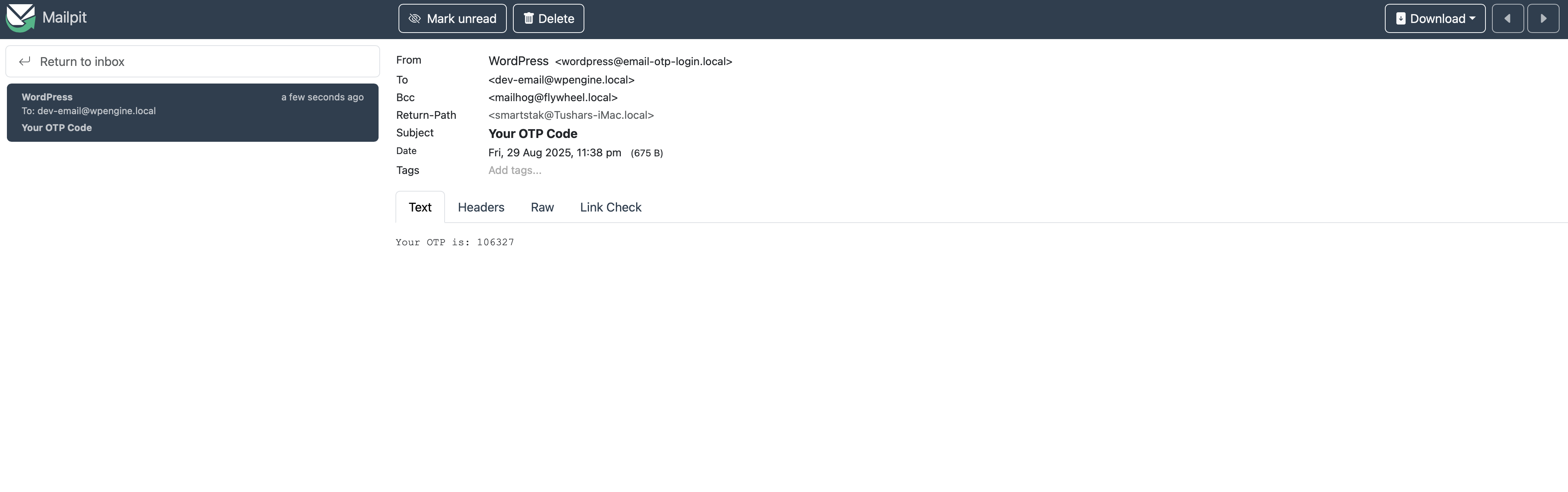 Example email received with OTP.