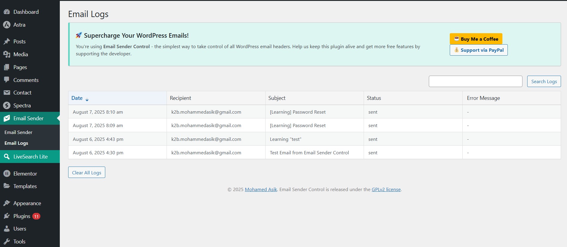Email logs table with search and sorting