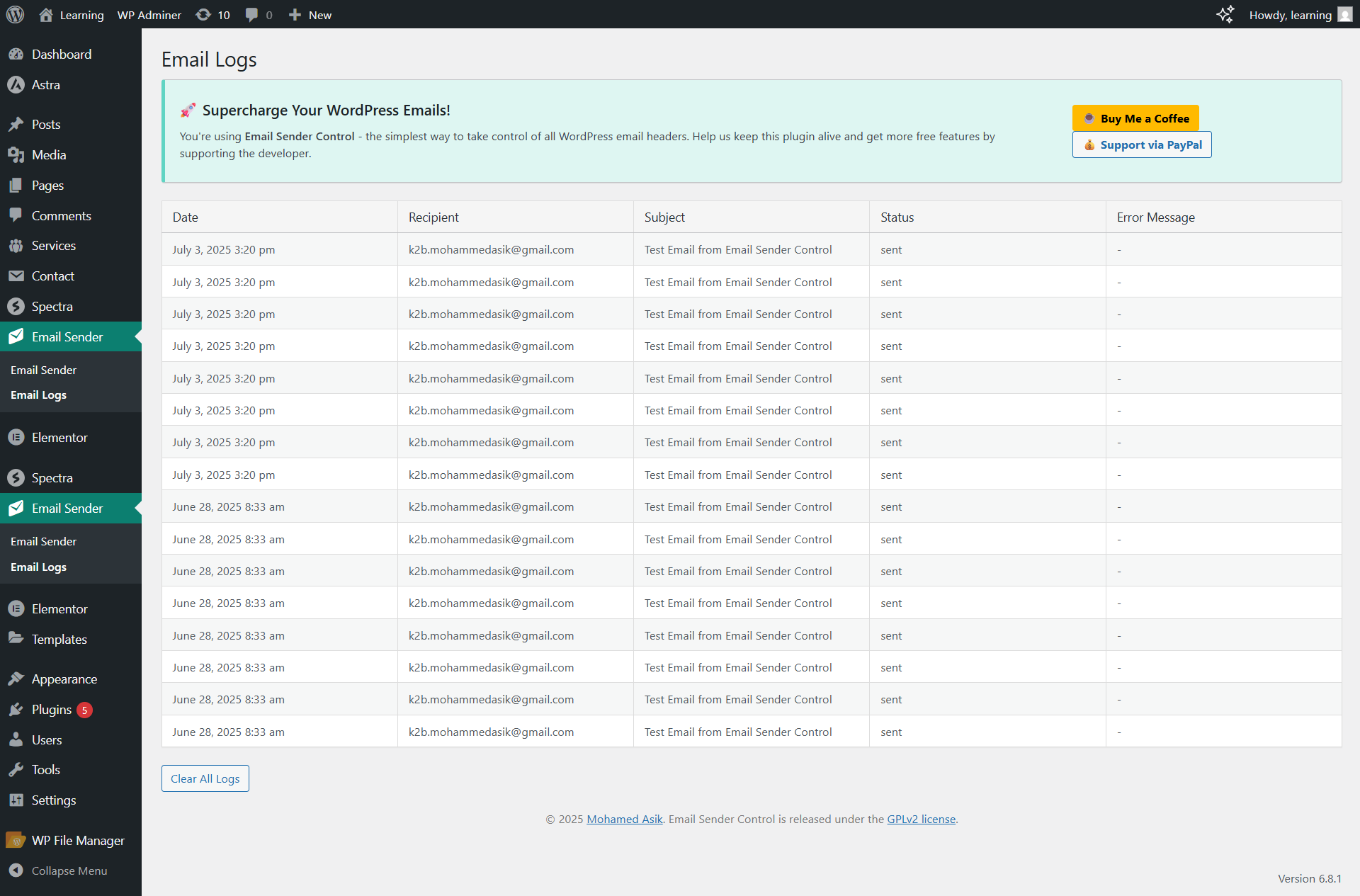 Email logs table