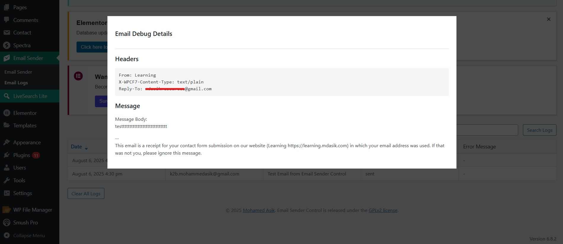Email logs table with popup message view