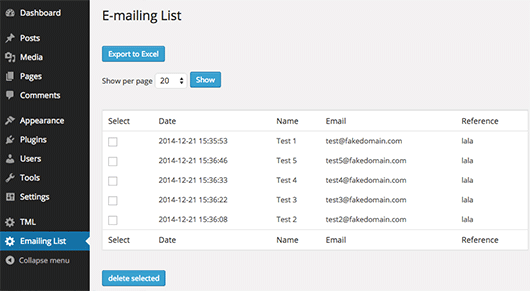 The mailing list in the admin page.