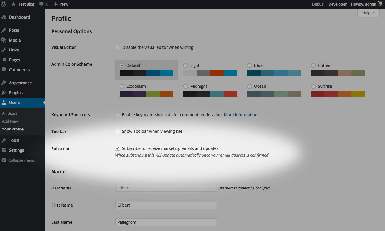 Option in profile settings