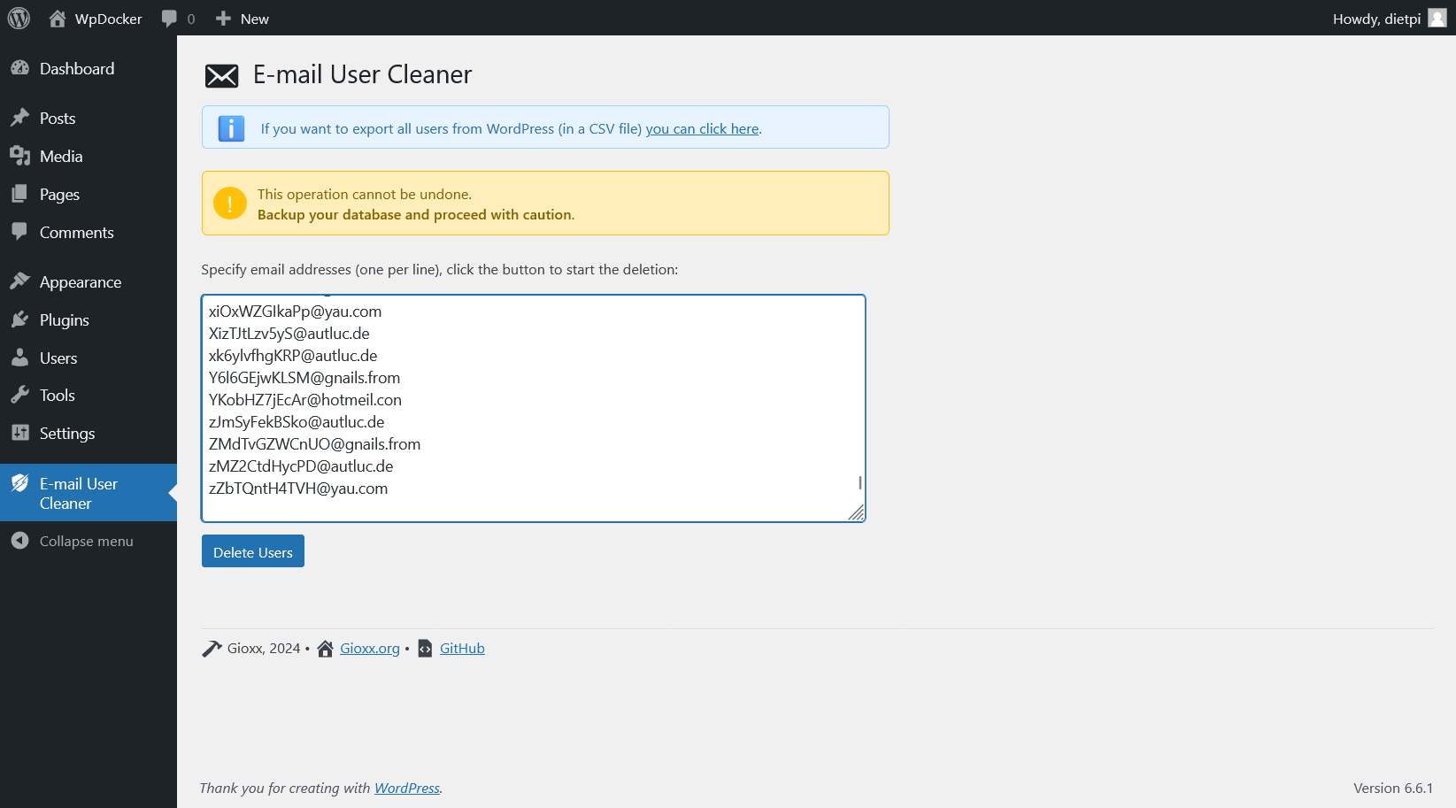 A list of e-mail addresses (one address per line) corresponding to users to be deleted in WordPress.