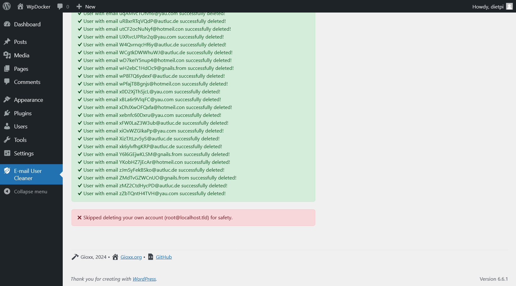 The plugin reports that the user corresponding to the administrator's e-mail address has not been deleted for security reasons.