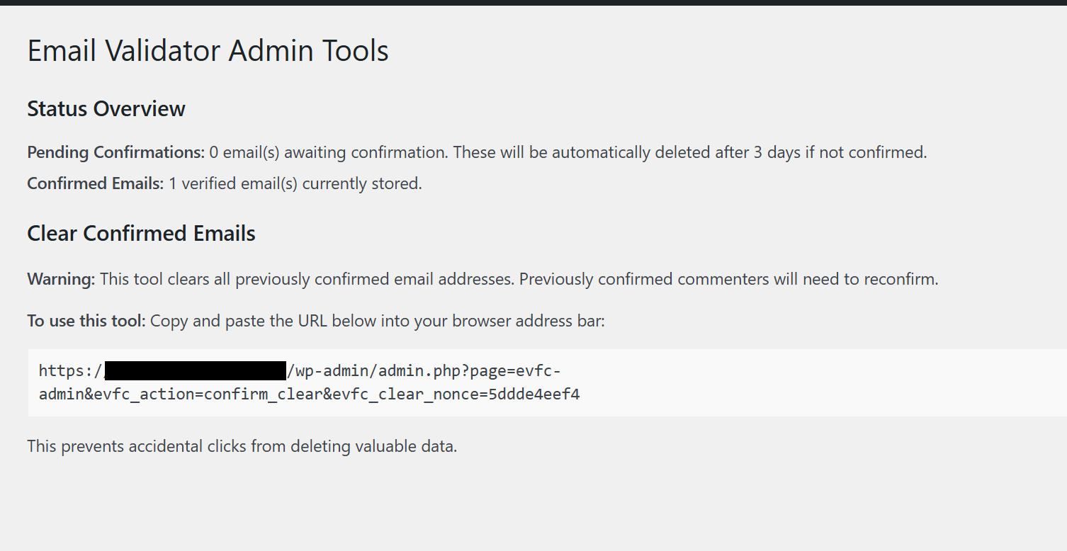 Email Validator admin tools screen.