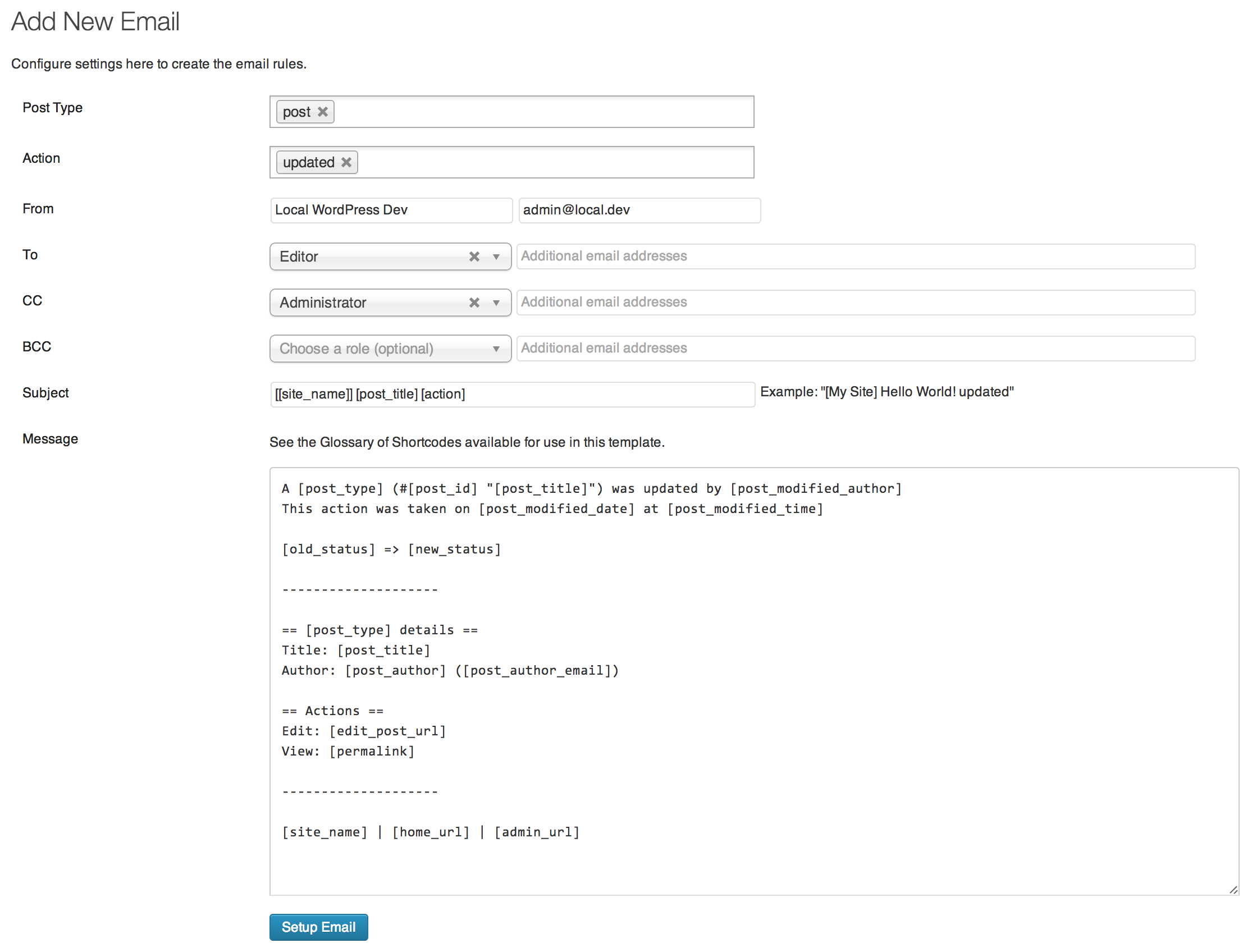 Email configuration with email template
