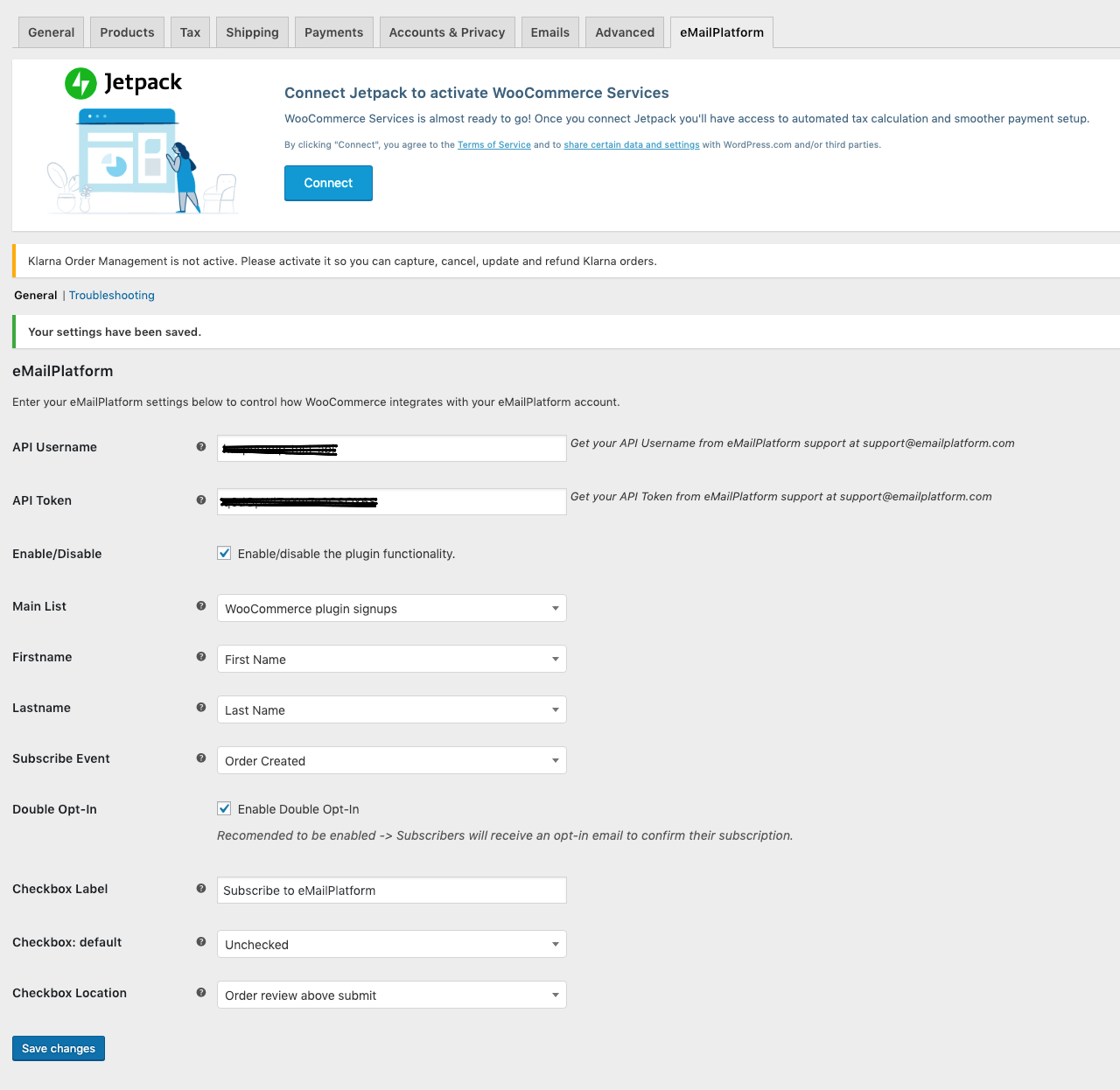 eMailPlatform WooCommerce settings page.