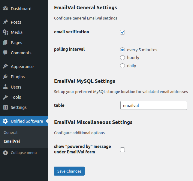 EmailVal Settings
