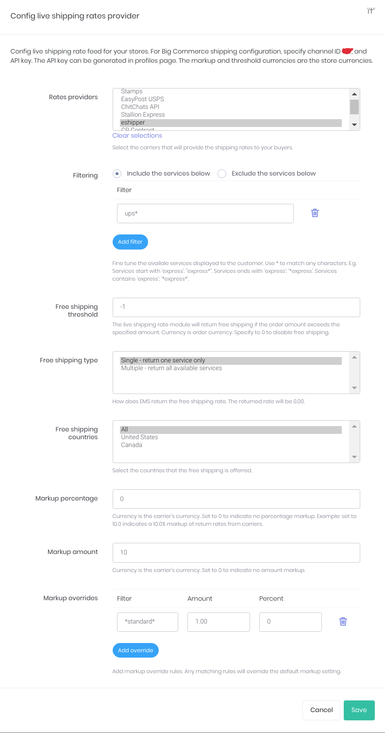 Configure live rate providers, filters, markups and free shipping in EMS.