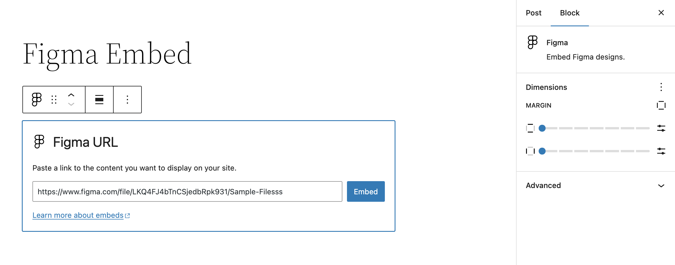 The Figma Embed block settings prior to rendering in the editor / admin.